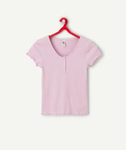 T-shirt manches courtes fille côtelé en coton bio violet - XS