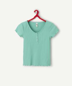 T-shirt manches courtes fille en coton bio côtelé vert - XXS