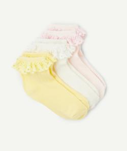Lot de 3 paires de socquettes fille rose et jaune avec volants brodés - 27-30