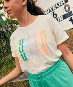 T-shirt fille en coton bio écru avec messages summer colorés - 10 A