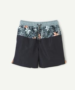 Short de bain garçon en fibres recyclées noir vert et imprimé tropical - XXS