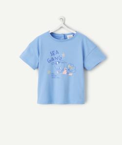 T-shirt bébé fille en coton bio bleu avec motifs coquillages et étoiles pailletées - 3 M