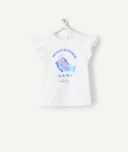 T-shirt manches courtes bébé fille en coton bio blanc motif crevette - 9 M