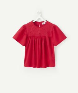 Blouse manches courtes fille rouge avec broderies - 12 A