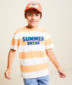 T-shirt manches courtes garçon en coton bio rayé orange et écru message summer - 6 A