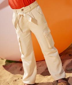 Pantalon cargo fille matière gaufrée écru avec ceinture - 10 A