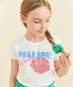 T-shirt manches courtes fille en coton bio blanc motif malibu - 5 A