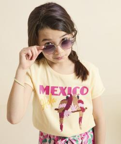 T-shirt fille en coton bio jaune avec perroquets en sequins réversibles colorés - 4 A