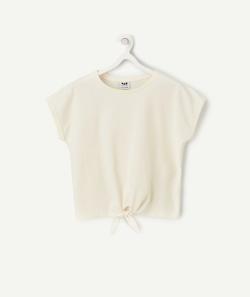 T-shirt manches courtes fille en coton bio écru avec noeud - 4 A