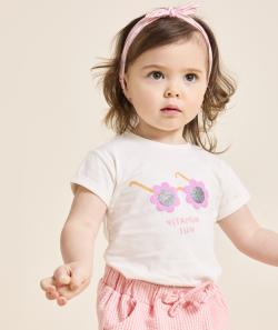 T-shirt manche courte bébé fille en coton bio anti-uv écru - 18 M