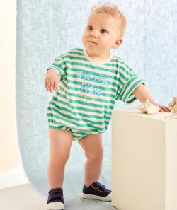 Body t-shirt manches courtes bébé garçon en coton bio rayé bleu clair et blanc motif poissons - 6 M