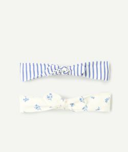 Lot de 2 bandeaux bébé fille en coton bio avec rayures et fleurs bleues - TU