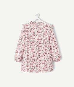 Tablier fille rose pâle imprime fleurs rose et rouge - 5-6 A