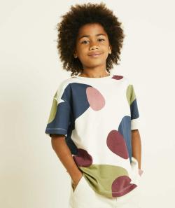 T-shirt manches courtes garçon en coton bio écru imprimé formes géométrique - 12 A