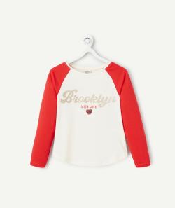 T-shirt fille en coton bio écru et rouge avec message pailleté - 6 A
