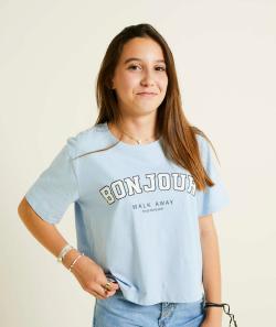 T-shirt manches courtes fille en coton bio bleu bébé et message bonjour - XXS