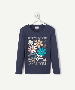 T-shirt fille en coton bio bleu marine avec fleurs en sequins réversibles - 5 A