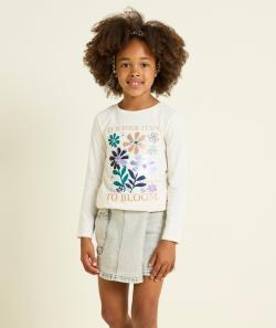 T-shirt manches longues fille en coton bio écru motif fleurs - 6 A