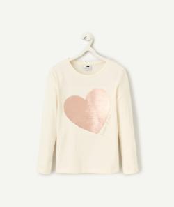 T-shirt fille en coton bio écru avec coeur rose en sequins réversibles - 5 A