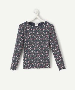 T-shirt manches longues fille en coton bio côtelé bleu marine imprimé fleuris - 10 A