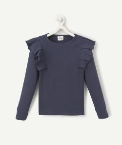 T-shirt manches longues fille en coton bio bleu marine à volants - 8 A