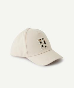 Casquette fille beige avec patch en bouclettes léopard lettre 
