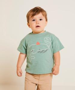 T-shirt manches courtes bébé garçon en coton bio vert motif baleine - 12 M