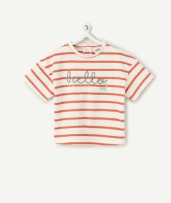 T-shirt manches courtes bébé garçon en coton bio marinière rouge et écru avec message sur le devant - 24 M