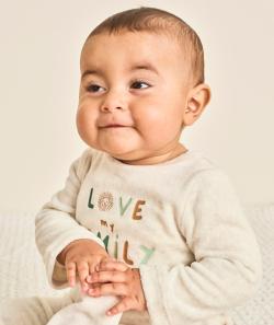 Dors bien en velours bébé garçon en coton bio écru avec message famille - 3 M
