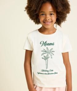 T-shirt manches courtes fille en coton bio écru imprimé miami - 4 A