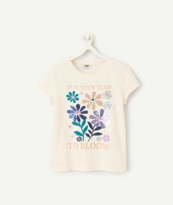 T-shirt fille en coton bio écru avec fleurs en sequins réversibles - 5 A
