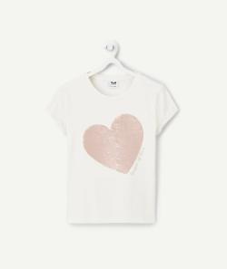 T-shirt manches courtes fille en coton bio écru avec cœur sequins - 8 A