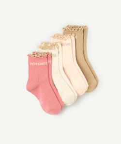 Lot de 4 paires de chaussettes fille beige et rose avec festons dorés - 31-34