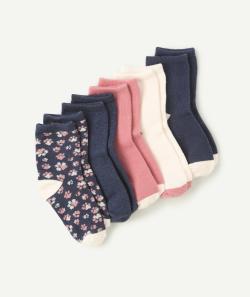 Lot de 5 paires de chaussettes fille bleu marine et rose imprimé - 31-34