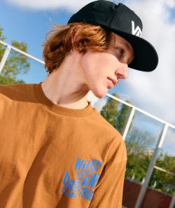 T-shirt manches courtes garçon en coton bio ocre imprimé bleu - S