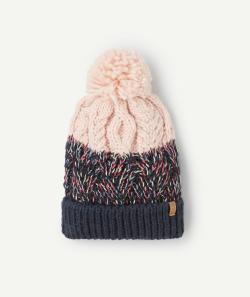 Bonnet fille tricoté en fibres recyclées bicolore à pompon - 6-8 A