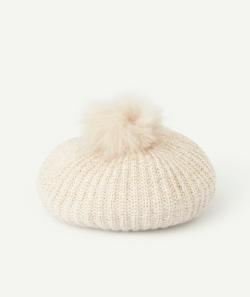 Béret fille en fibres recyclées écru avec pompon - 6-8 A