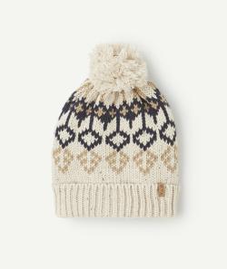 Bonnet tricot garçon en fibres recyclées écru et noir motifs géométriques - 6-8 A