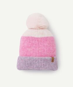 Bonnet fille en fibres recyclées tricolore avec pompon - 6-8 A