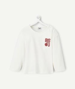 T-shirt bébé fille manche longue en coton bio écru avec message brodé rouge - 9 M