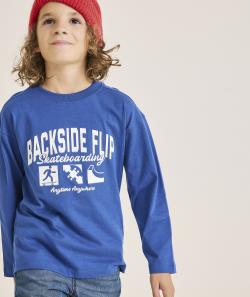 T-shirt garçon manches longues bleu en coton bio thème skate - 8 A