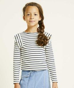 T-shirt manches longues fille en coton bio rayé écru et bleu marine - 5 A