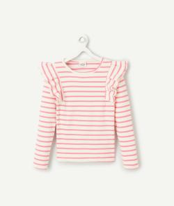 T-shirt manches longues fille en coton bio rayé rose avec volants - 8 A