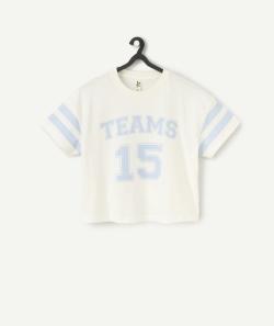 T-shirt fille en coton bio blanc avec messages et chiffres bleus - XXS
