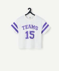 T-shirt fille en coton bio blanc et violet thème campus - M