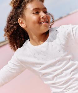 T-shirt manches longues fille en coton bio écru avec des strass - 6 A