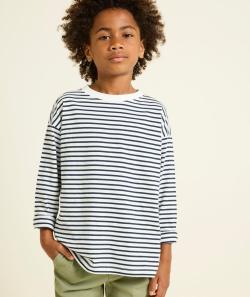 T-shirt manches longues garçon en coton bio rayé blanc et noir - 10 A