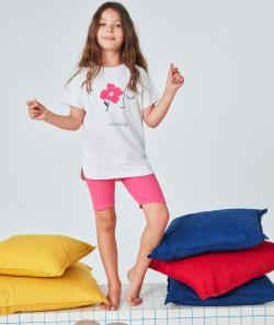 Pyjama fille short rose et gris avec fleur en bouclettes - 5 A