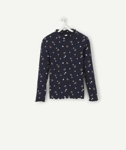 Sous-pull bleu marine côtelé col montant et imprimé fleuri fille - 12 A