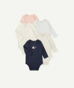 Lot de 5 bodies bébé en coton bio thème coeur bleu et rose - 0 M